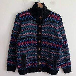 Vintage SUSAN BRISTOL Artsy Wool Cardigan Sweater Chunky Button Black Pink Blue